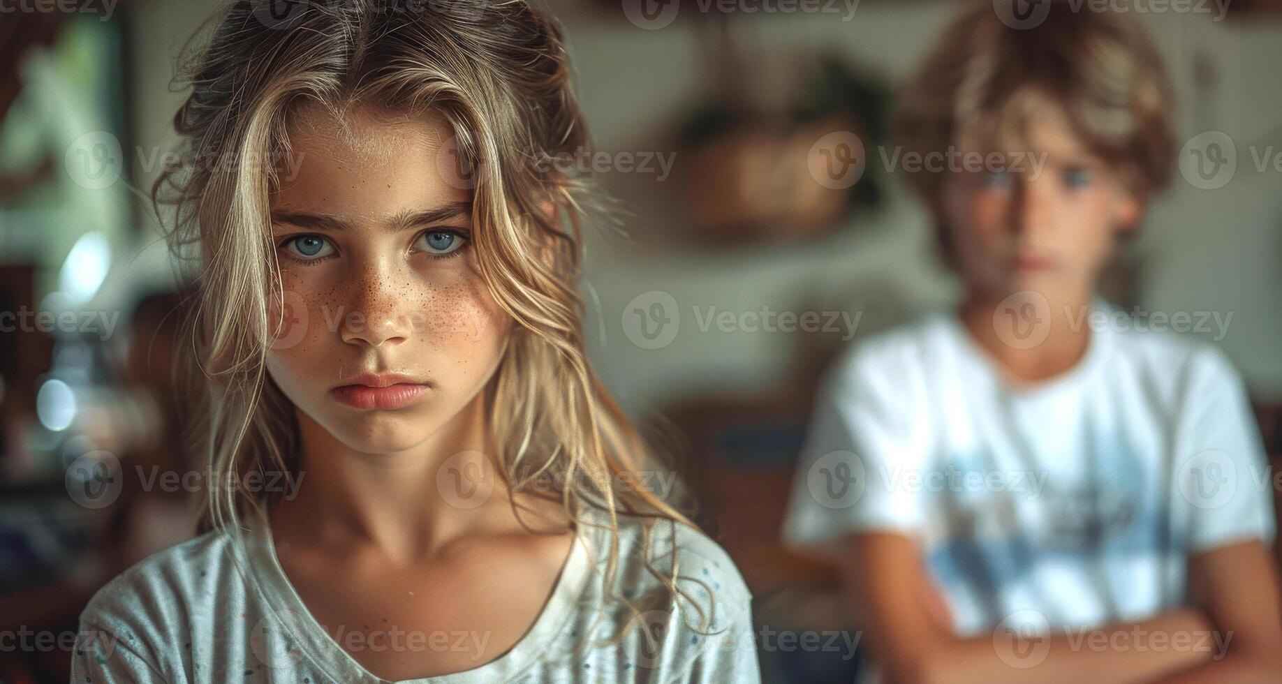 A girl with a scruffy face and a boy with a scruffy face. The girl is looking at the camera and the boy is looking away photo