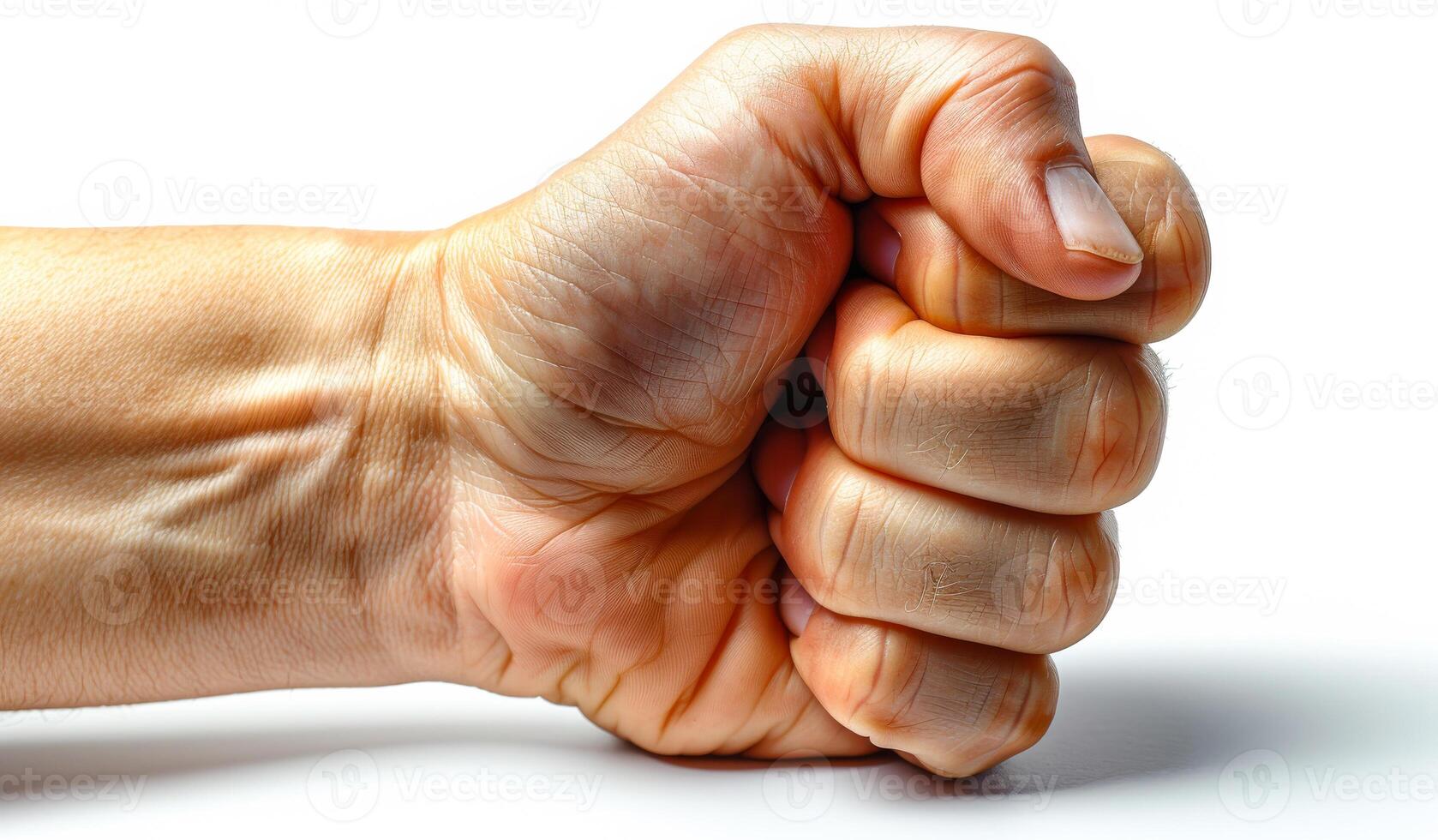A hand clenched into a fist. The hand is wrinkled and the fingers are curled. Concept of strength and determination photo