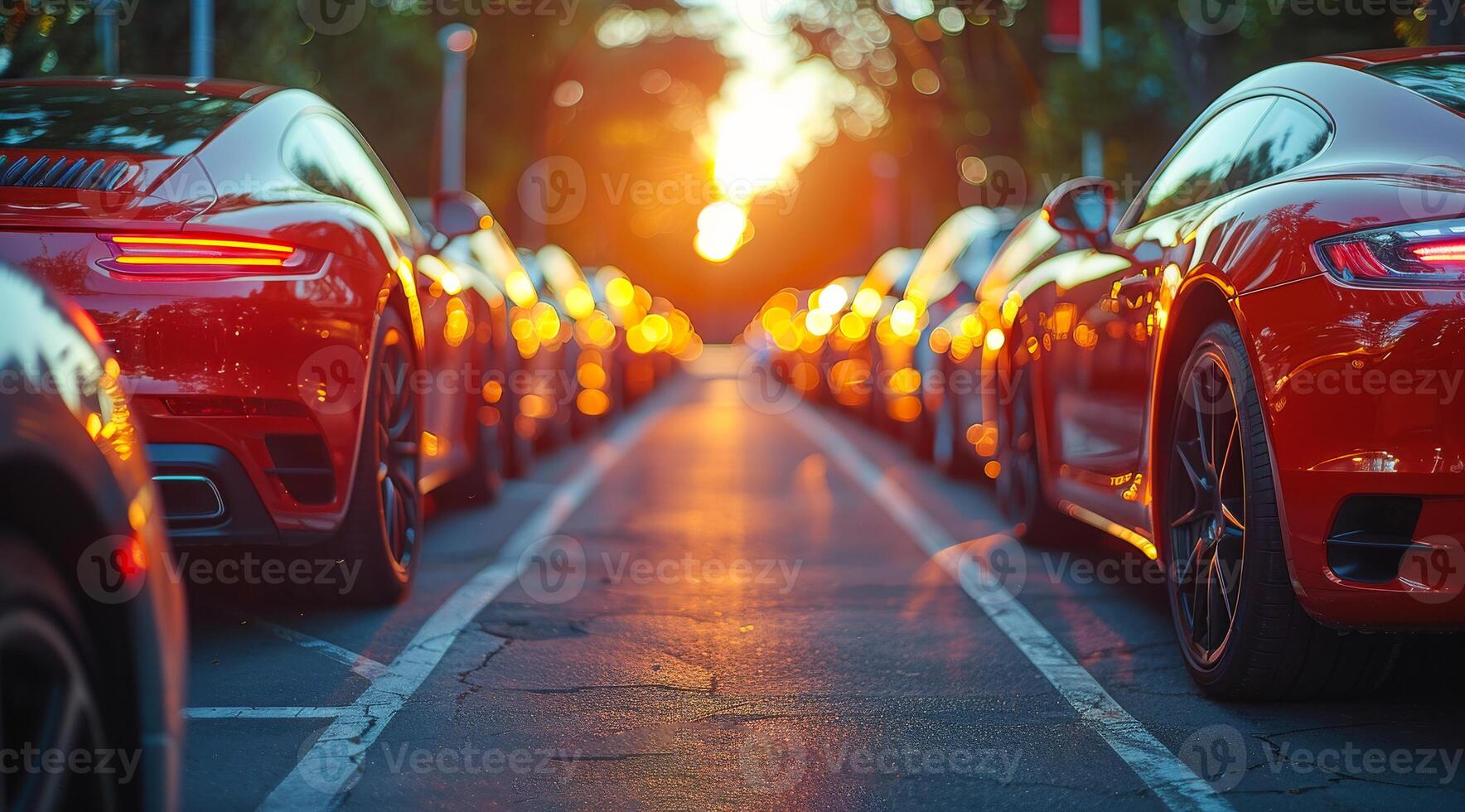 A row of cars are parked on a street with the sun setting in the background. The cars are all red and are parked in a line photo