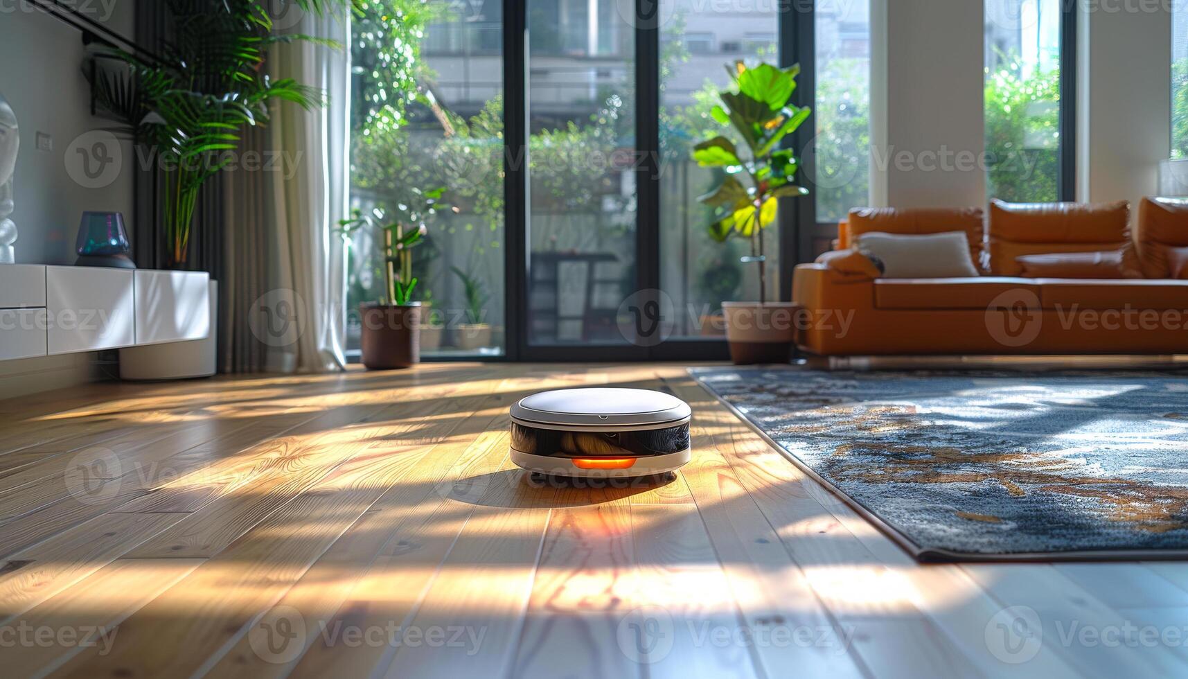 A robot vacuum cleaner is in a living room with a couch and a potted plant. The room is bright and inviting, with sunlight streaming in through the windows photo