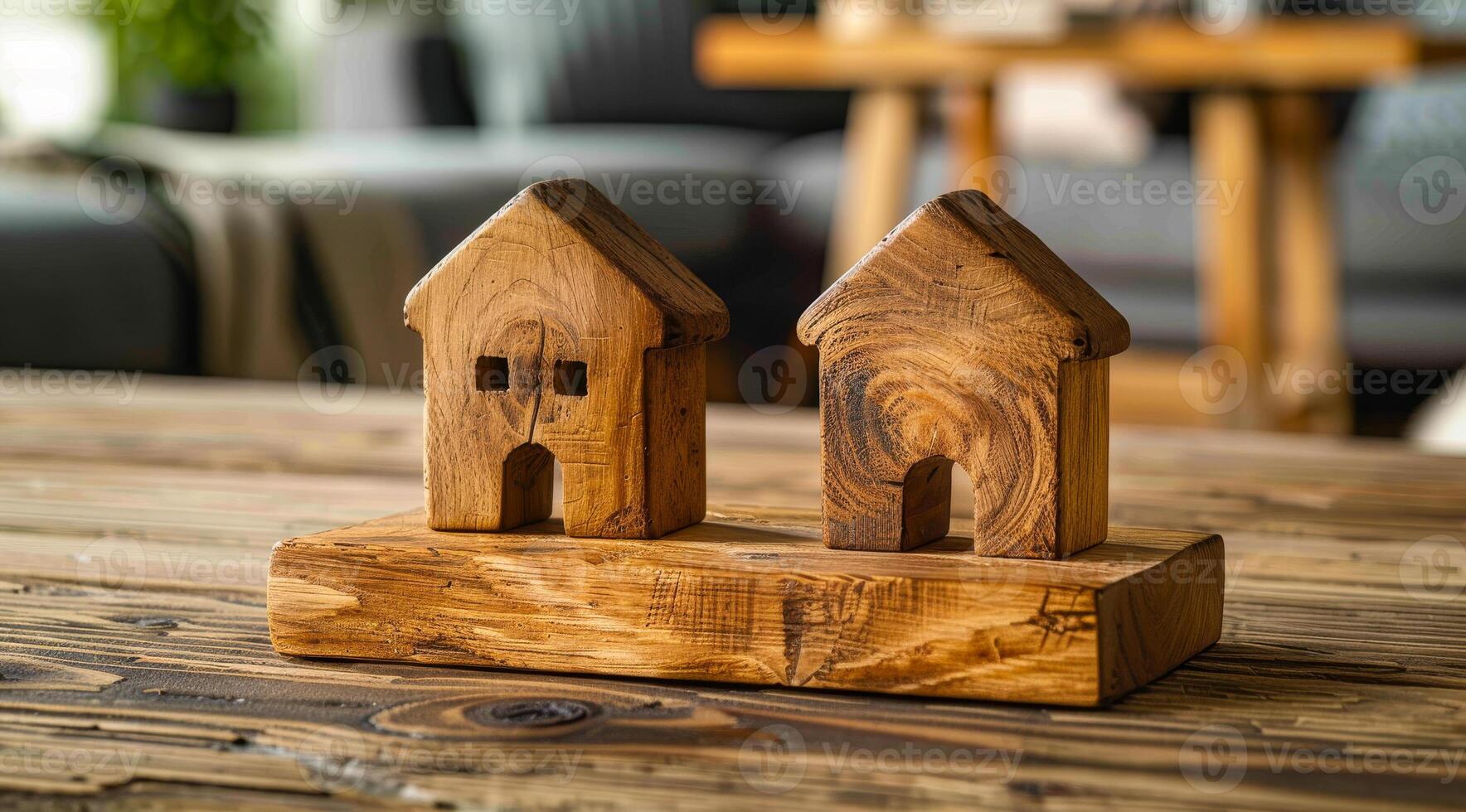 Two wooden houses are sitting on a wooden table. The table is made of wood and has a rustic feel to it. The scene is simple and peaceful photo