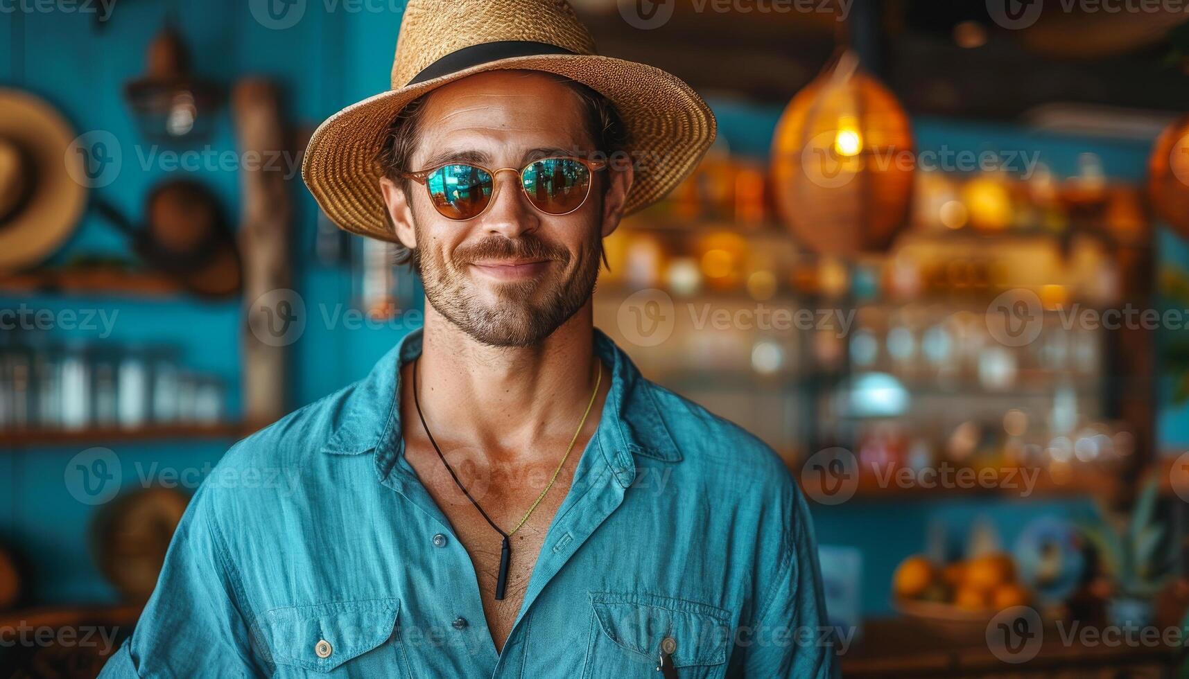 A man wearing a straw hat and sunglasses is smiling at the camera. He is standing in front of a bar with a counter full of drinks photo