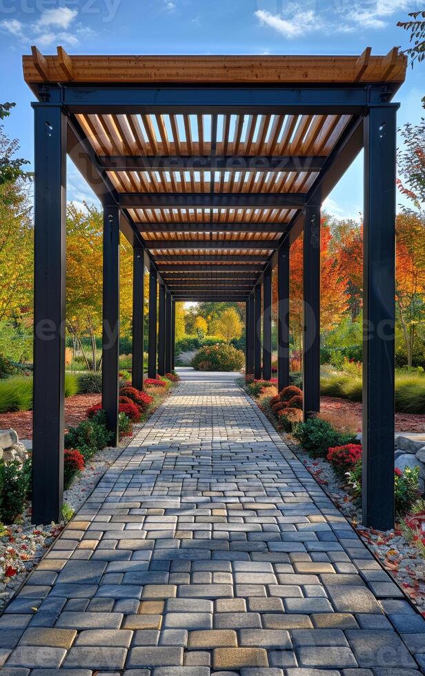 A long walkway with a wooden roof and a brick path. The walkway is lined with trees and bushes, and there are several potted plants along the way photo