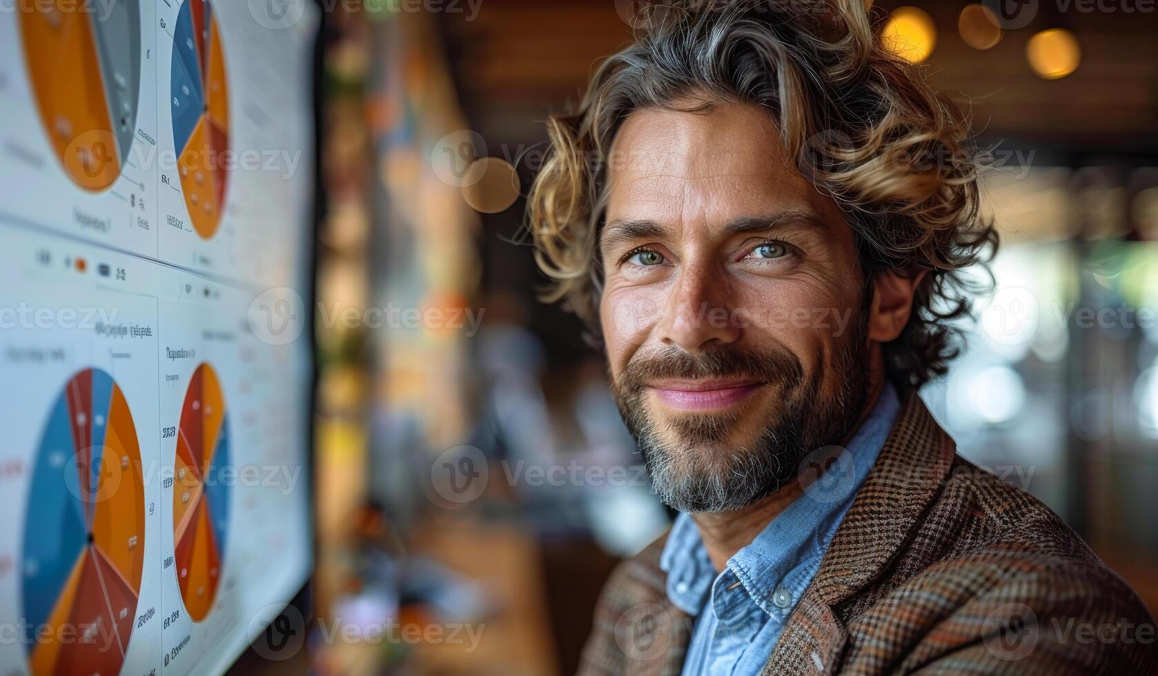 A man with a beard and a smile is standing in front of a large monitor displaying a pie chart photo