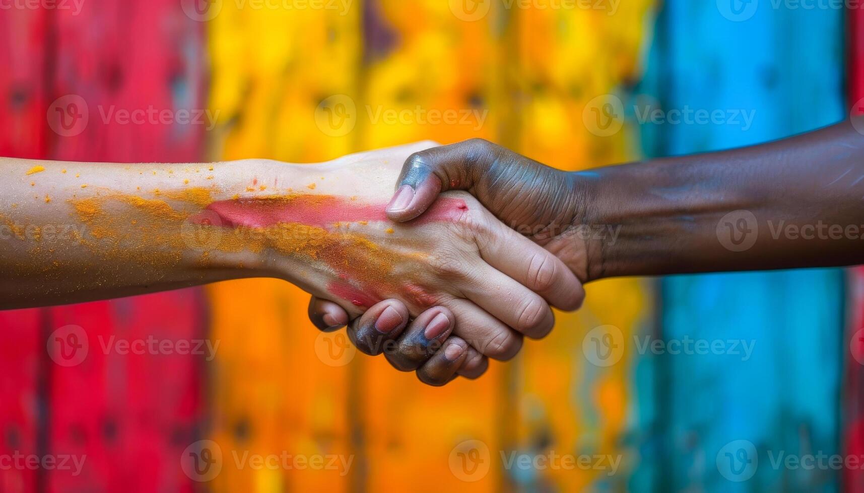 Two hands shaking in front of a colorful wall. Concept of unity and collaboration between the two people photo