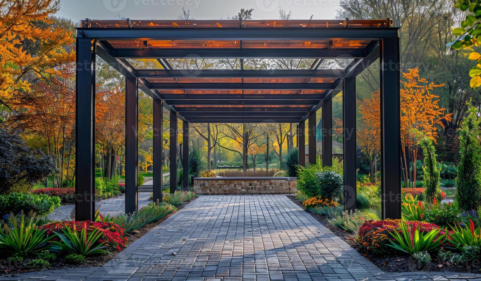 A large arched walkway with a stone wall and a fountain in the middle. The walkway is lined with flowers and trees, creating a peaceful and serene atmosphere photo