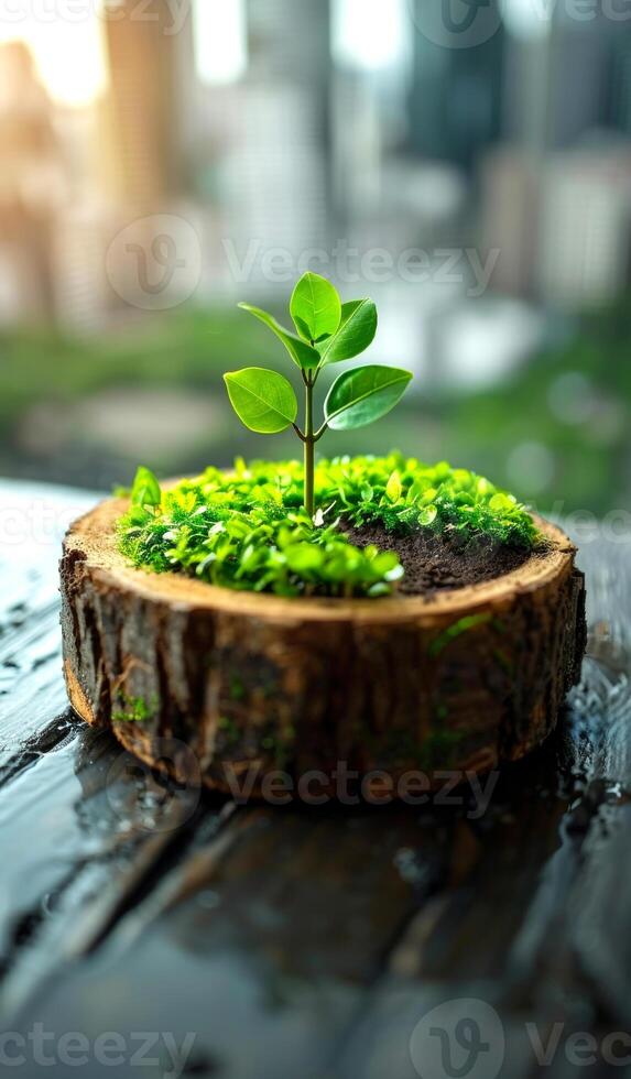 A small plant is growing in a small pot. The pot is on a wooden table. The table is surrounded by buildings photo