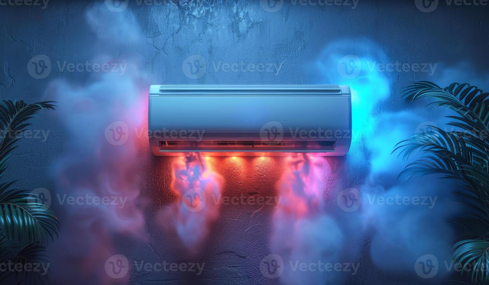 A white air conditioner is emitting smoke and steam. The image has a surreal and dreamlike quality to it, with the smoke and steam creating a sense of otherworldliness photo