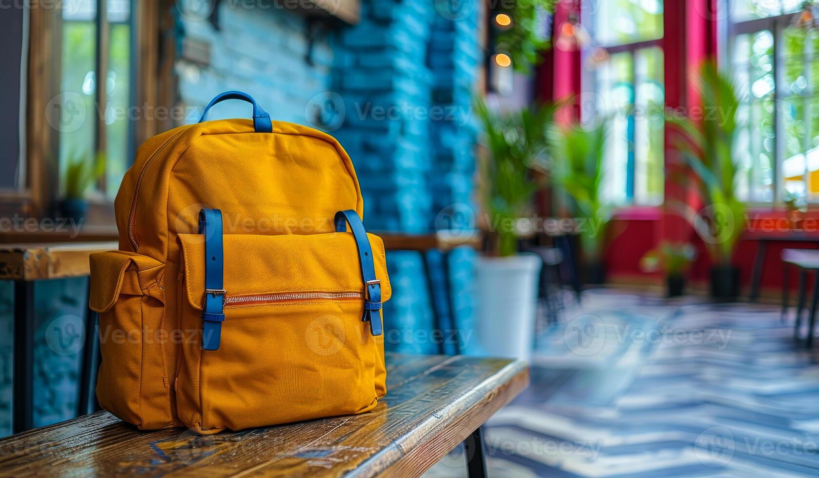 A yellow backpack sits on a wooden bench in a restaurant. The bench is located in a room with a blue wall and a red curtain. There are potted plants in the room, and a few chairs are visible photo