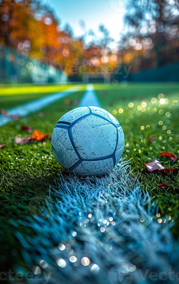 A white soccer ball is sitting on the grass next to a white line. The image has a peaceful and serene mood, as the ball is placed in a natural setting with trees in the background photo