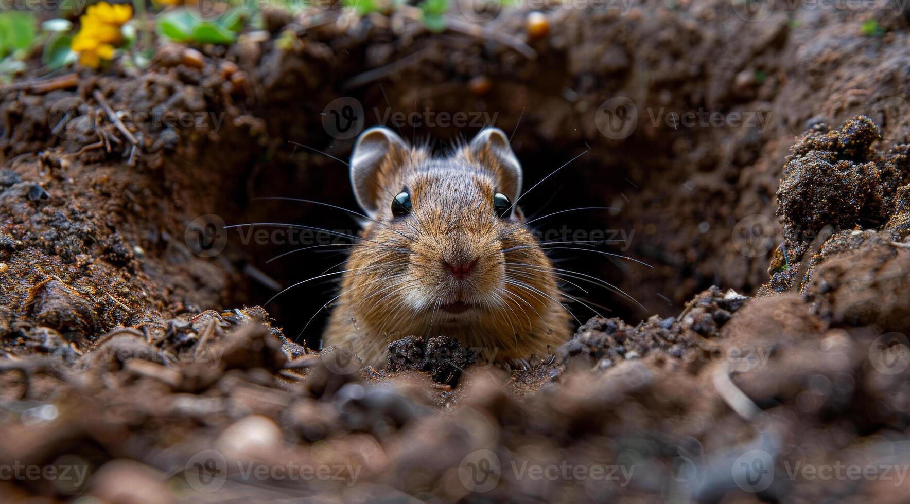 A small brown mouse is peeking out of a hole in the ground. The mouse is looking up at the camera, curious about the photographer. The scene is quiet and peaceful photo