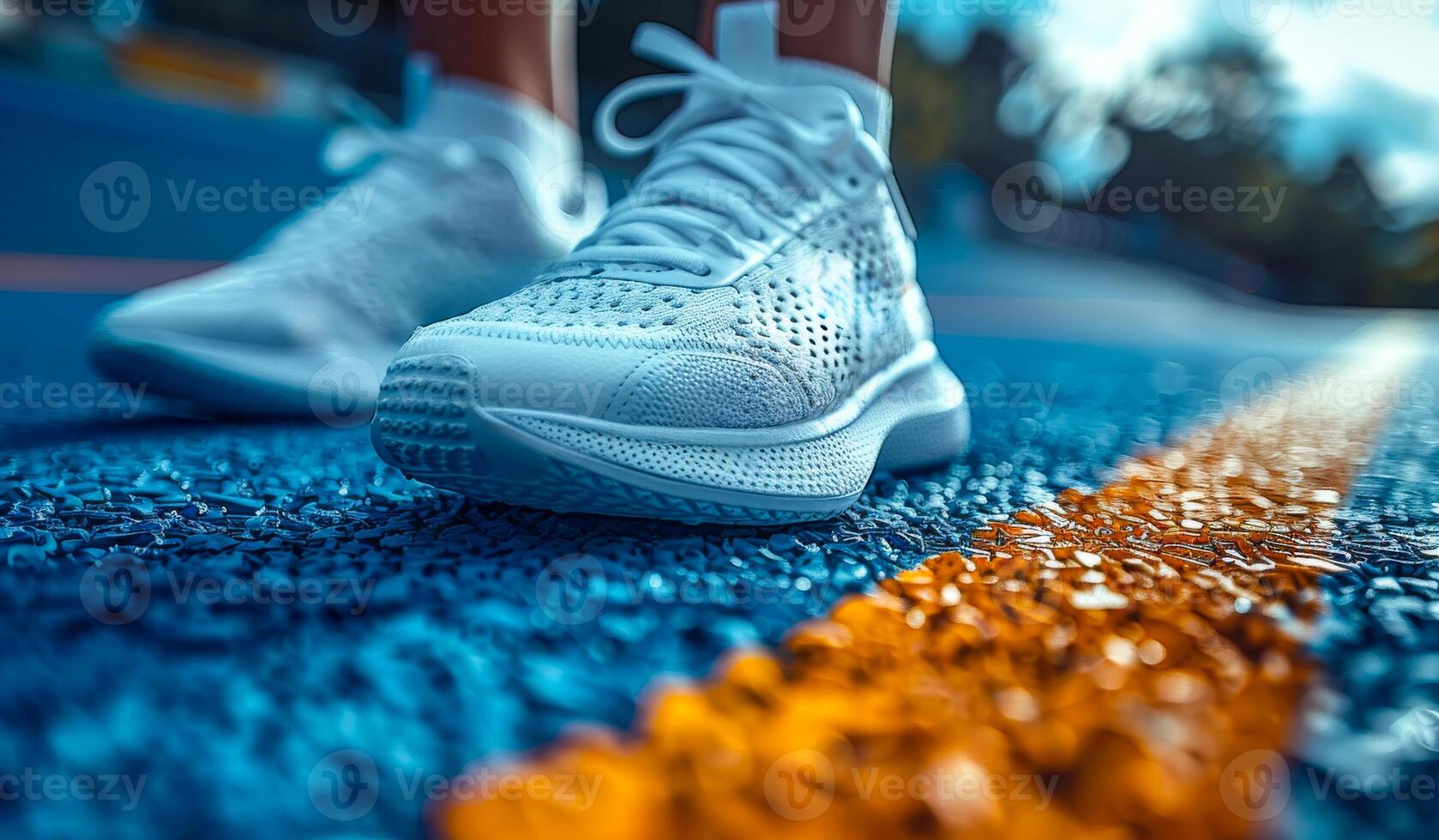 A person's feet are shown in a white shoe on a blue and yellow line photo