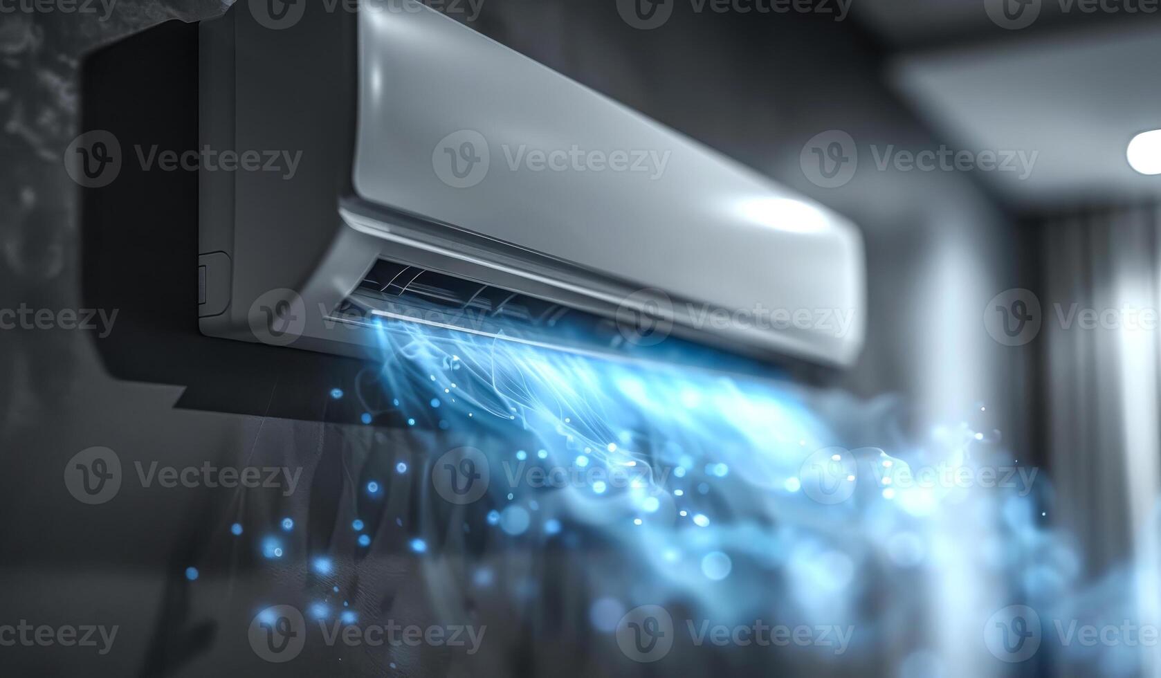 A white air conditioner is blowing out blue smoke photo