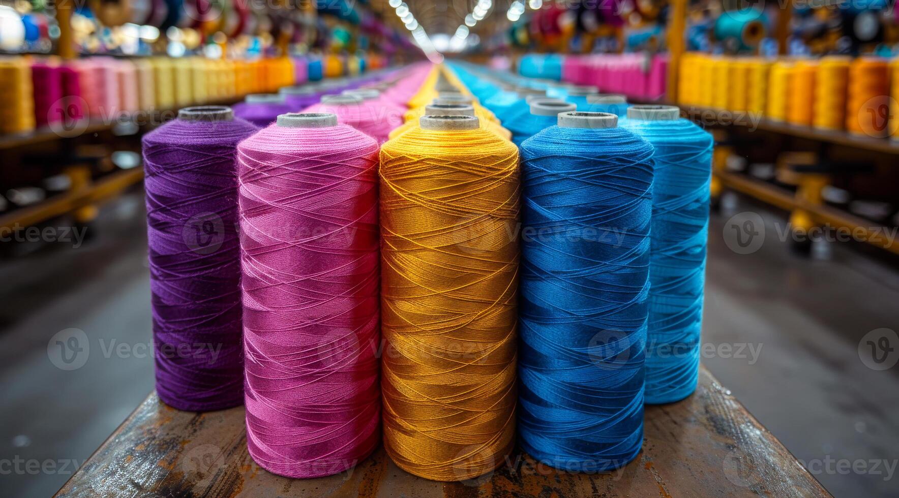 A row of colorful spools of thread are displayed on a table. The spools are arranged in a row, with each one a different color. The colors are bright and vibrant, creating a cheerful photo