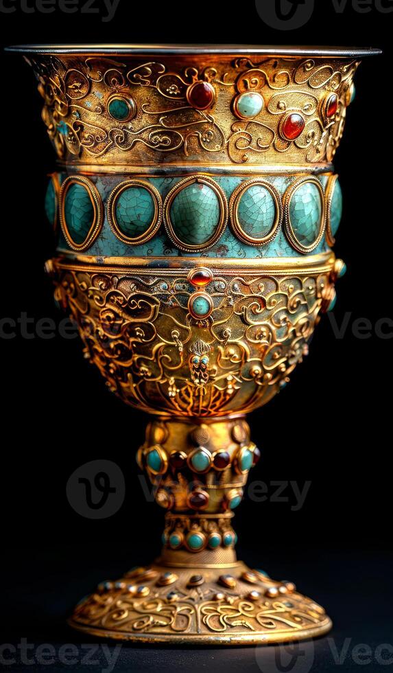 A gold and blue vase with a blue and red design. The vase is ornate and has a lot of detail photo