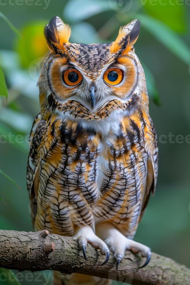 A large brown and orange owl is perched on a branch. The owl has big yellow eyes and is looking directly at the camera. Concept of curiosity and wonder photo