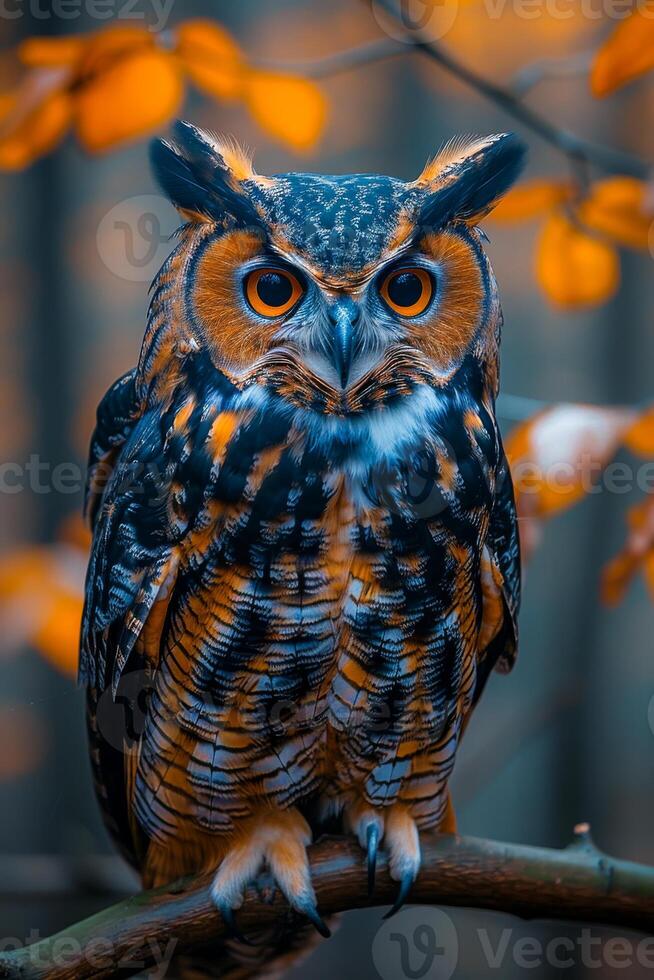 A large owl with orange and black feathers is perched on a branch. The owl's eyes are open and staring at the camera, creating a sense of curiosity and intrigue. The image evokes a feeling of wonder photo