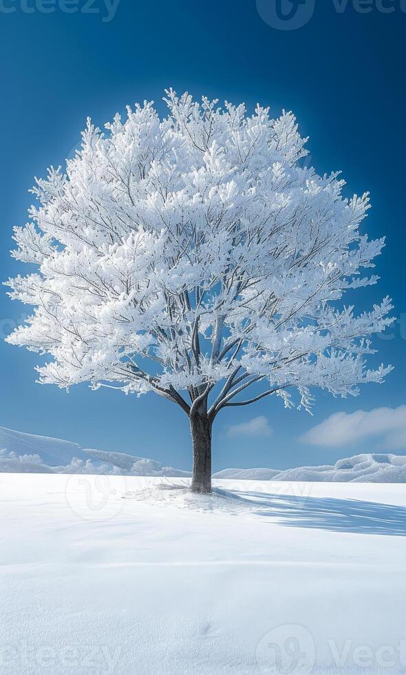 A snow covered tree stands in a field. The sky is blue and clear. The tree is the main focus of the image photo