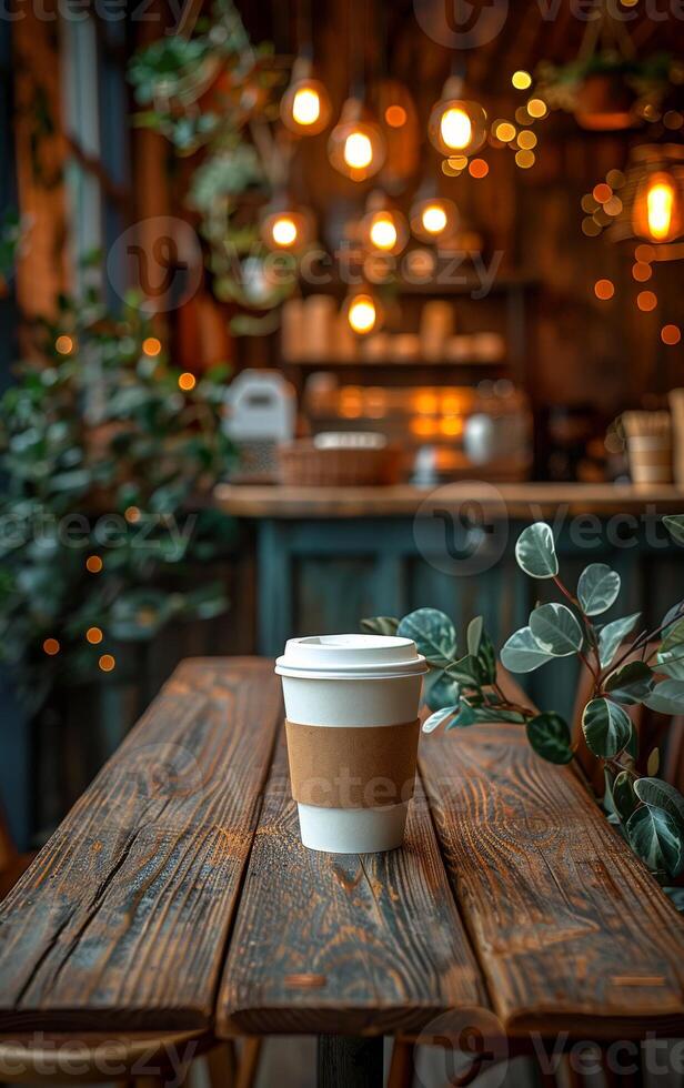 A white coffee cup with a brown lid sits on a wooden table in a cafe. The table is surrounded by potted plants and has a few chairs. The scene conveys a cozy and relaxing atmosphere photo
