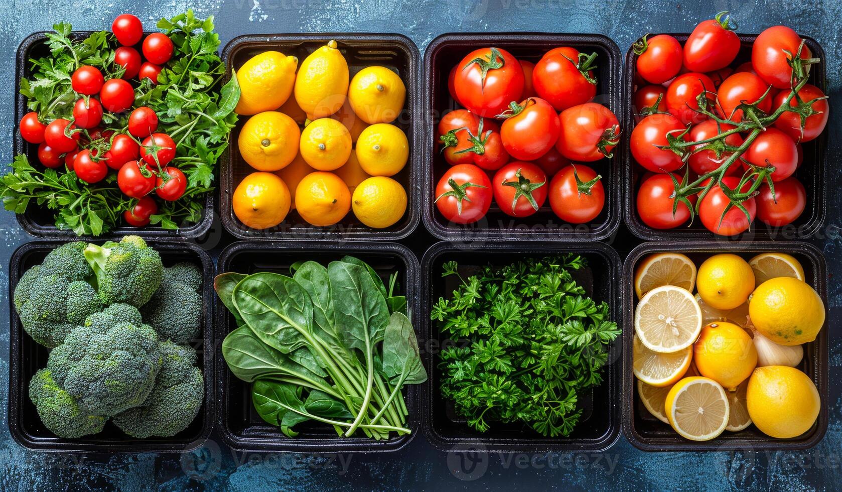 A variety of fruits and vegetables are displayed in black containers. Concept of abundance and freshness, as the different types of produce are arranged in neat rows photo