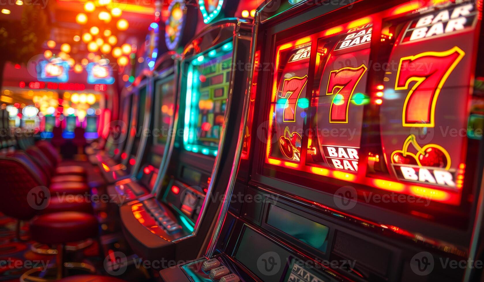 A row of slot machines with a bar on the right photo