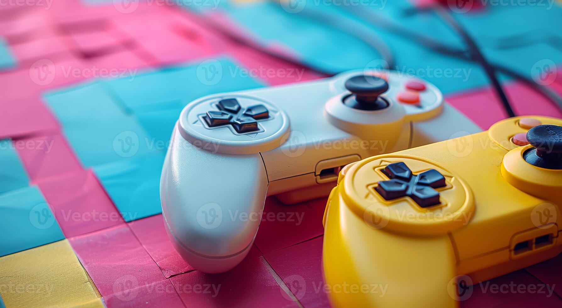 Two game controllers, one white and one yellow, sit on a colorful surface. The controllers are placed close together, suggesting that they might be used for a multiplayer game photo