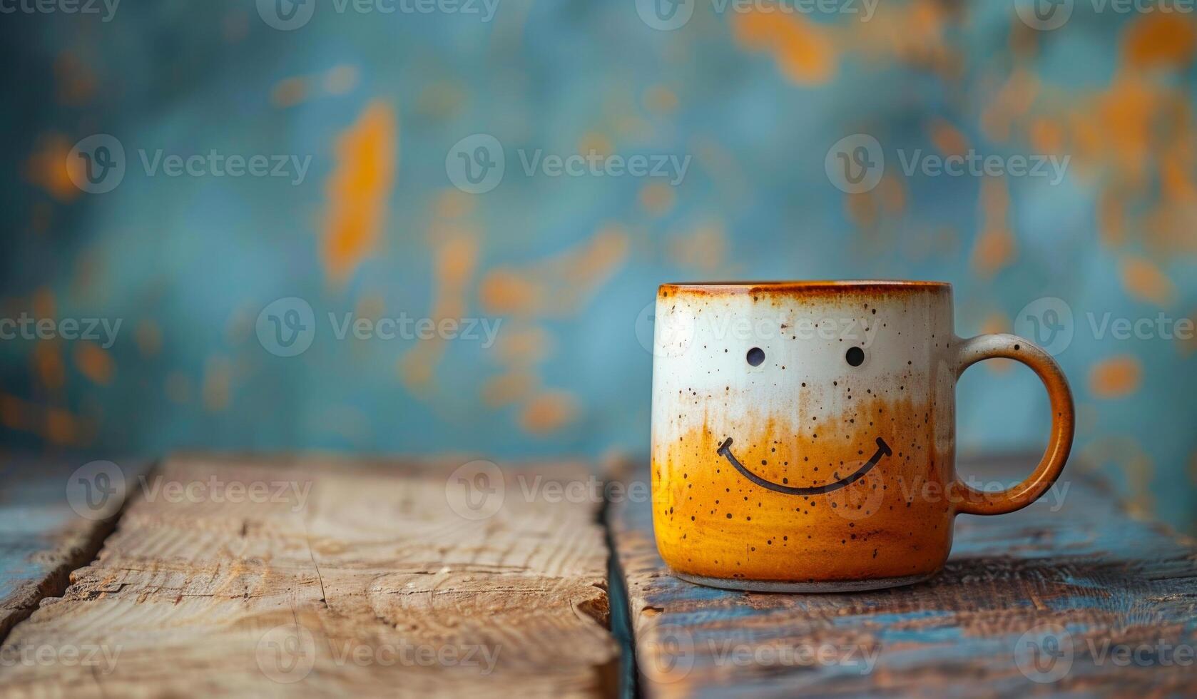 A smiling coffee mug sits on a wooden table. The mug is decorated with a smiley face and is placed in the center of the table. Concept of warmth and happiness photo
