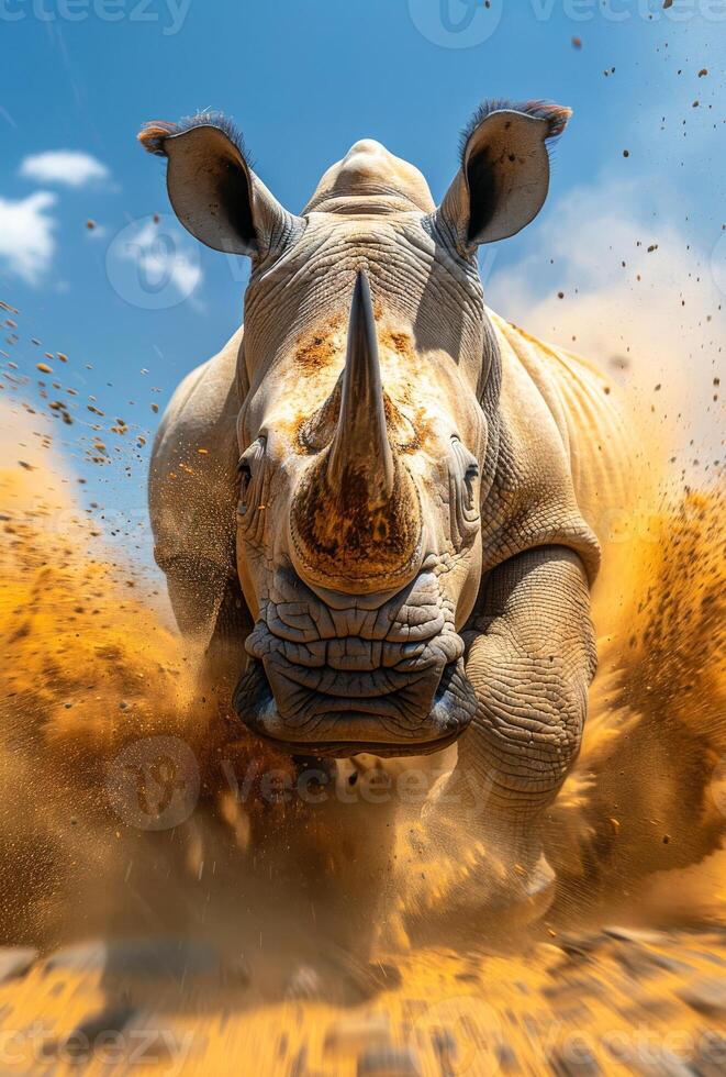 A rhino is running through the desert, kicking up a cloud of dust. The scene is intense and dramatic, with the rhino's powerful horn and the swirling dust creating a sense of motion and energy photo