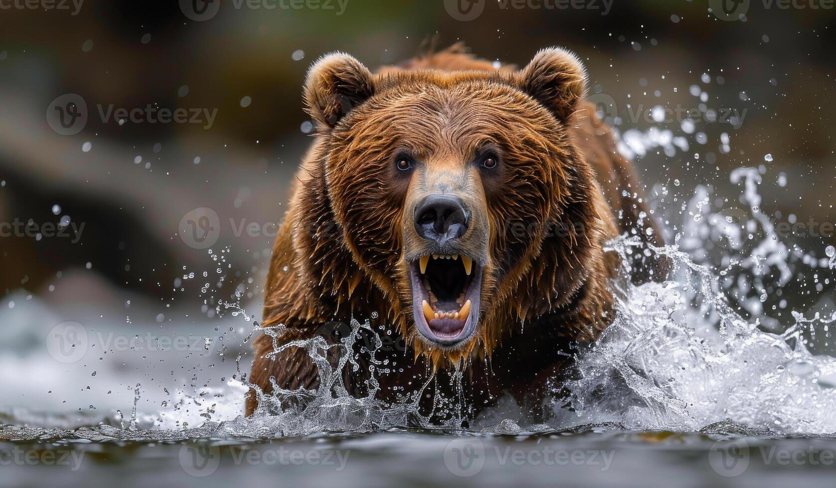 A brown bear is running through the water with its mouth open and teeth bared. The bear appears to be in a state of excitement or aggression photo