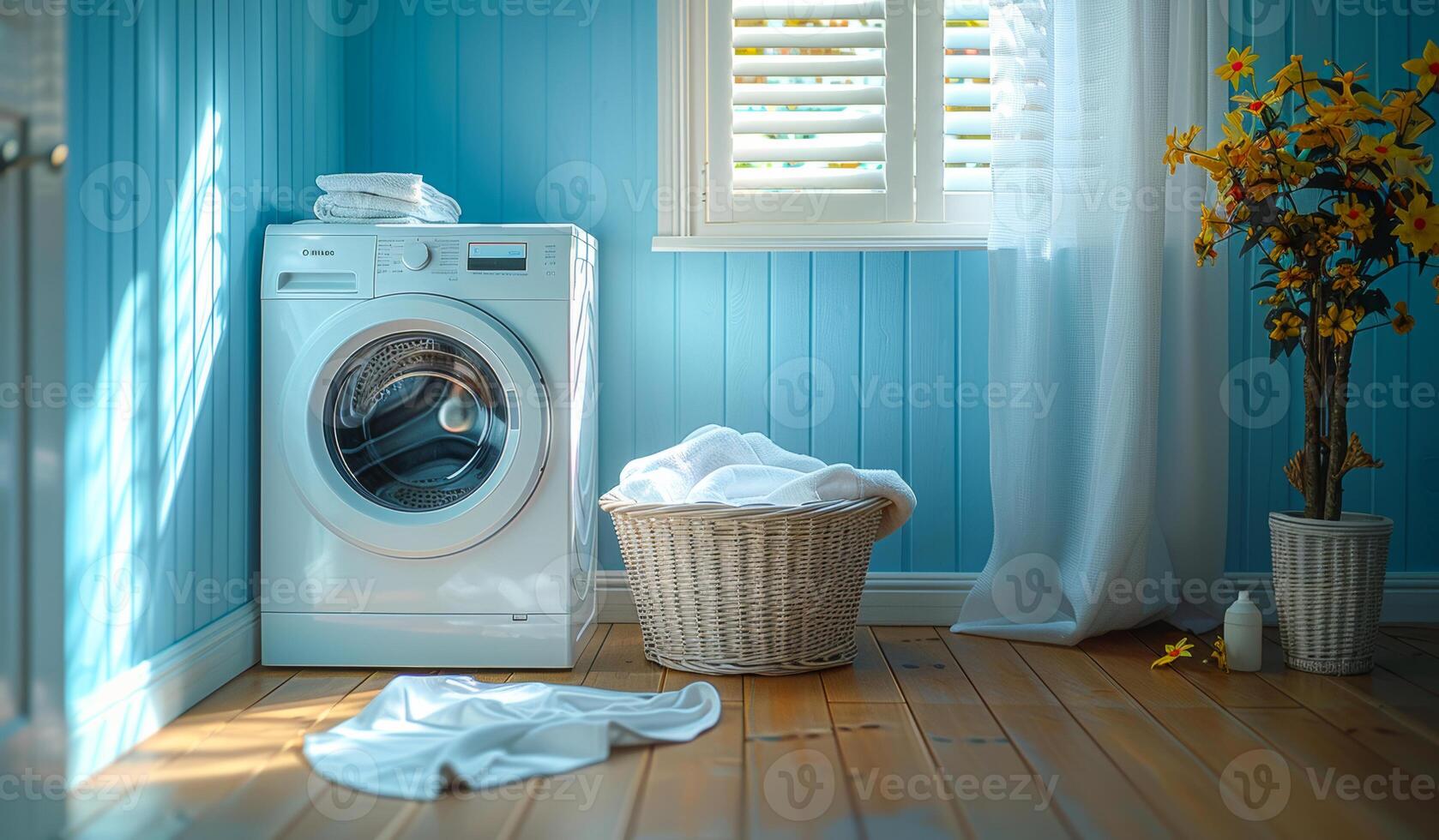 A white washing machine sits in a room with a blue wall and a window photo