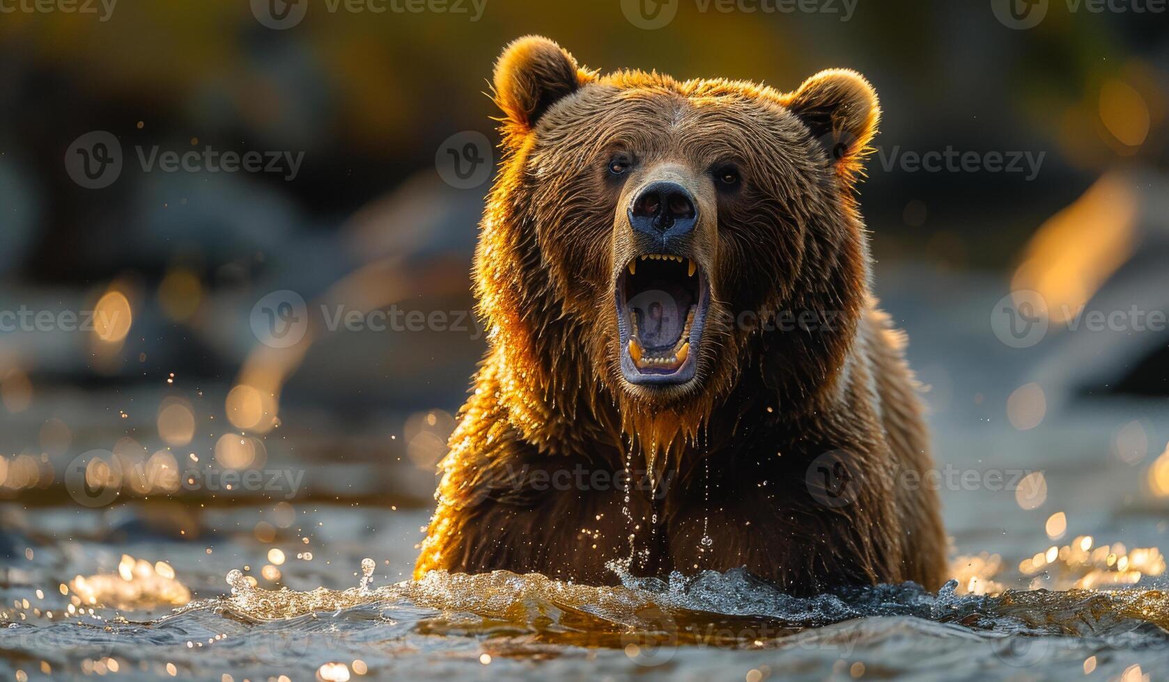 A bear is in the water, with its mouth open and teeth bared. The bear appears to be angry and aggressive photo