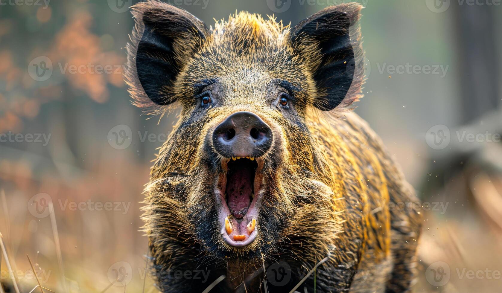 A pig is standing in a field with its mouth open, making a loud noise. The scene is wild and untamed, with the pig being the center of attention photo
