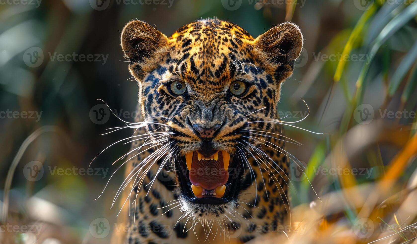 A young leopard is standing in the grass with its mouth open, showing its teeth. Concept of danger and aggression, as the leopard appears to be ready to attack photo