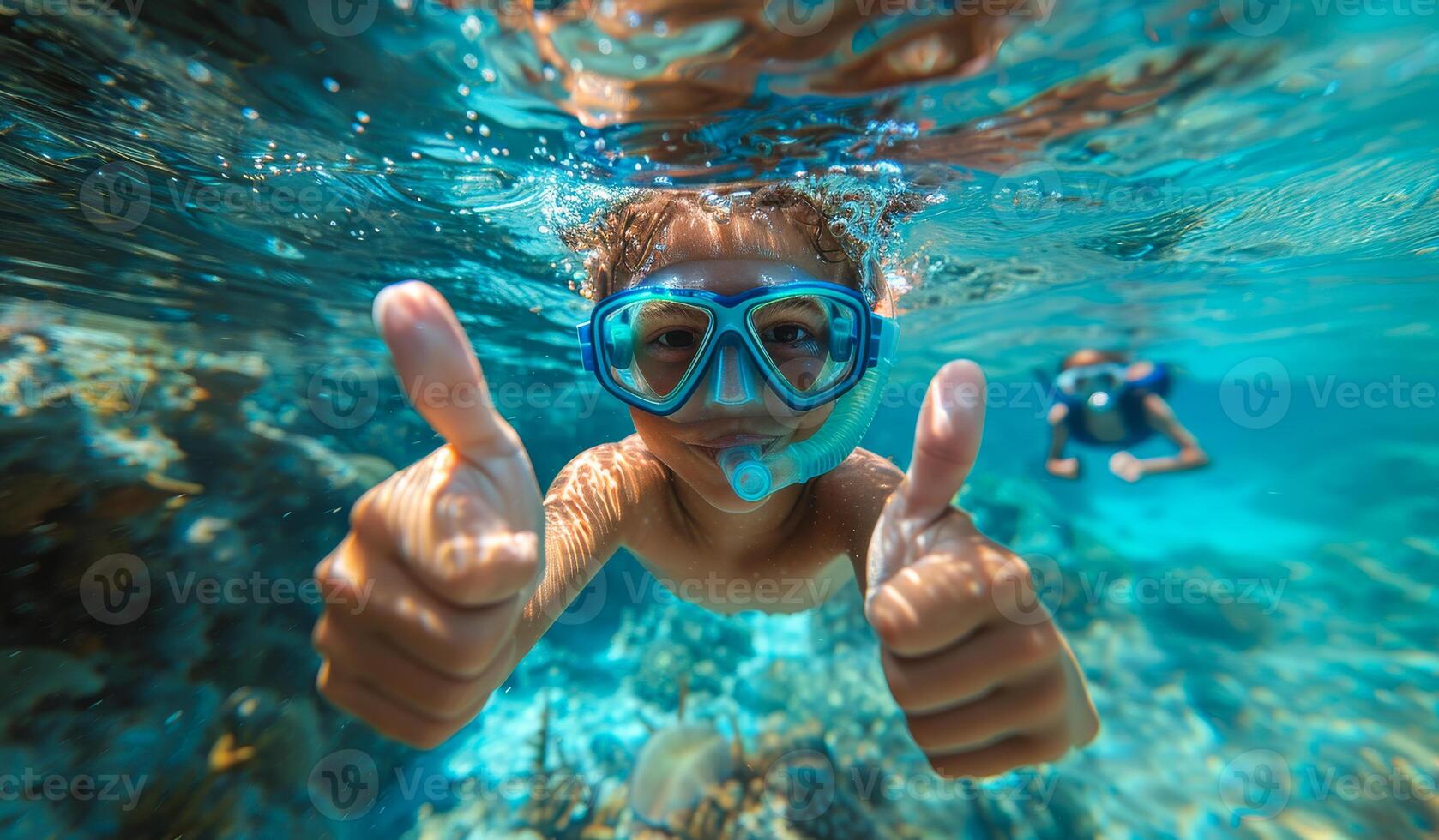 A young boy is swimming in the ocean with his hands up in the air, giving thumbs up photo