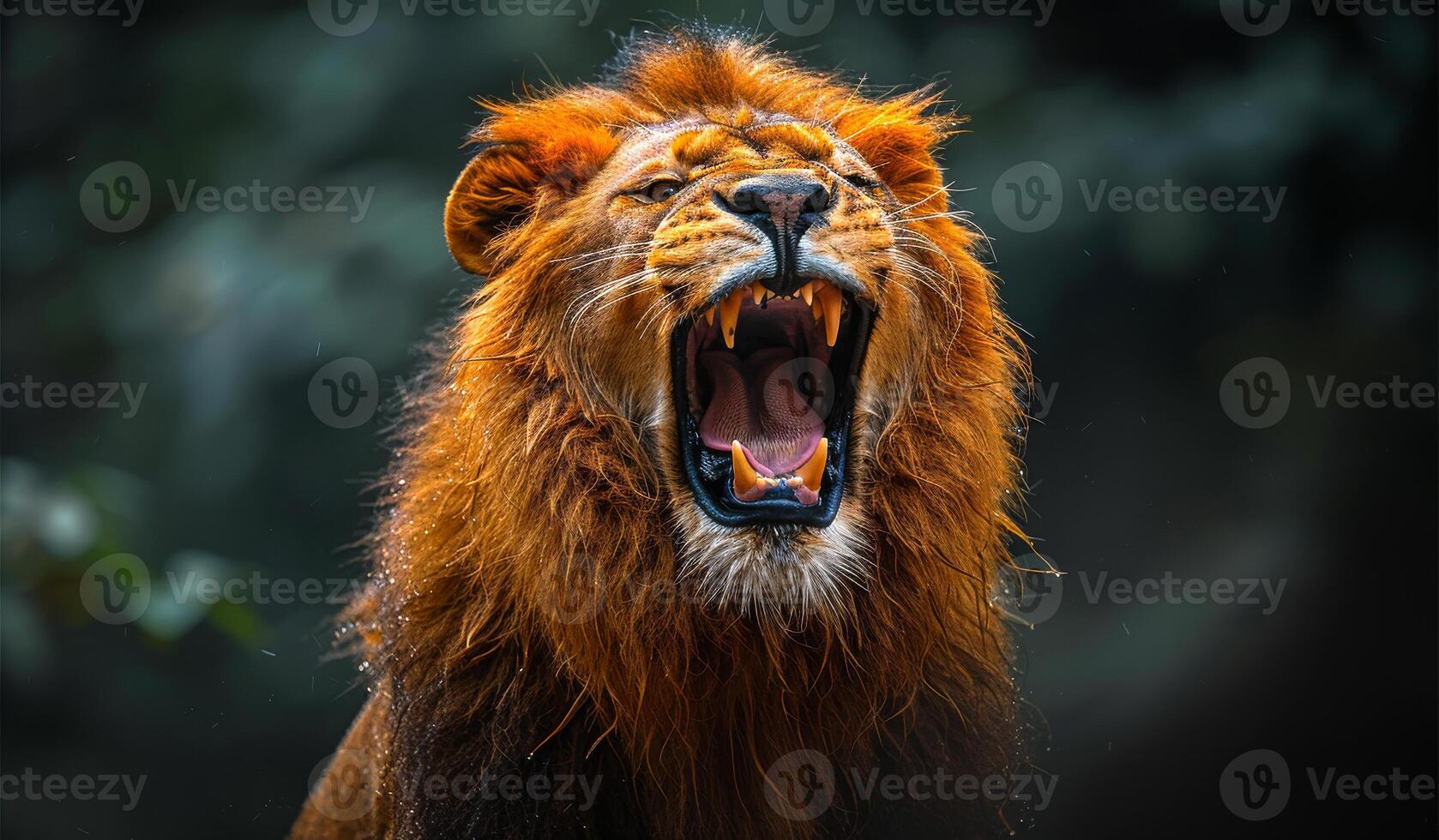 A lion is roaring with its mouth open, showing its teeth. The lion is in a wild setting, surrounded by trees and bushes. Concept of power and strength, as well as the untamed nature of the lion photo