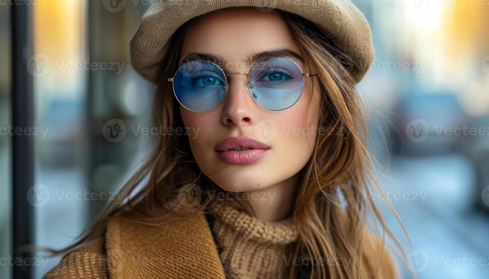A woman wearing a brown hat and a sweater with blue glasses. She has a nice smile and is looking at the camera photo