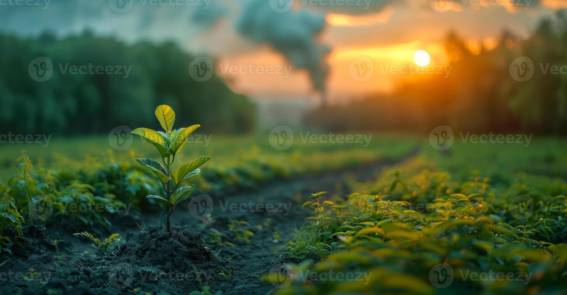 A small plant is growing in a field with a beautiful sunset in the background. Concept of growth and renewal, as the plant is just beginning to sprout and the sun is setting photo
