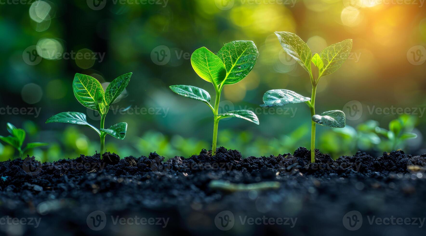 Three small plants are growing in the dirt. The plants are green and appear to be sprouting from the ground. Concept of growth and new beginnings photo