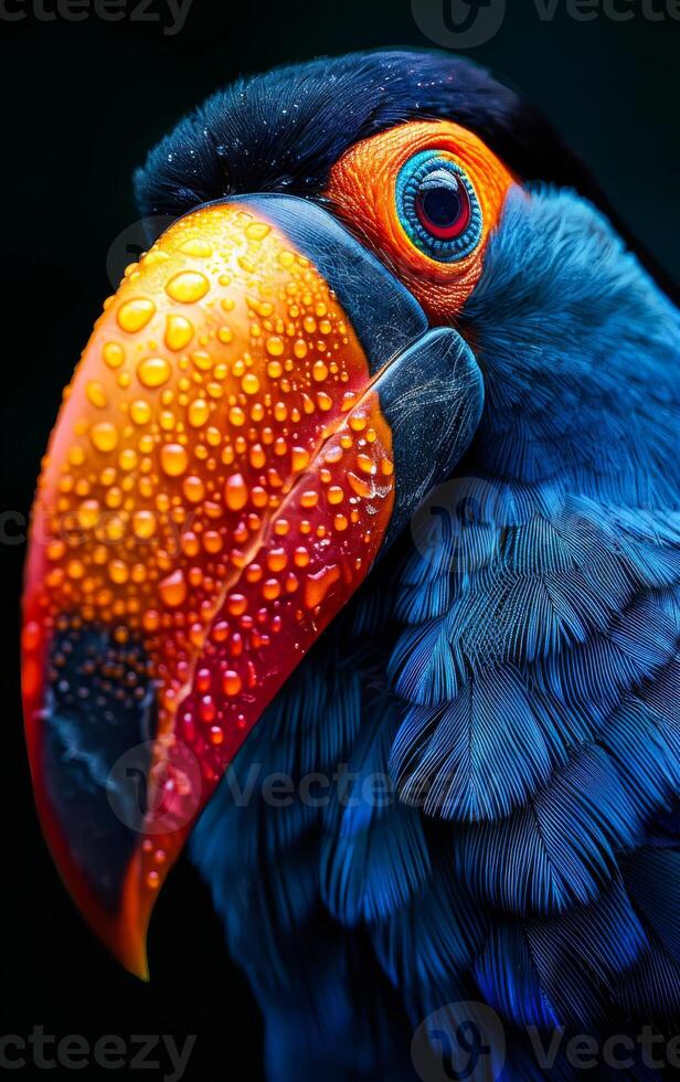A colorful bird with a blue beak and orange feathers. The bird has a wet beak and is looking at the camera photo