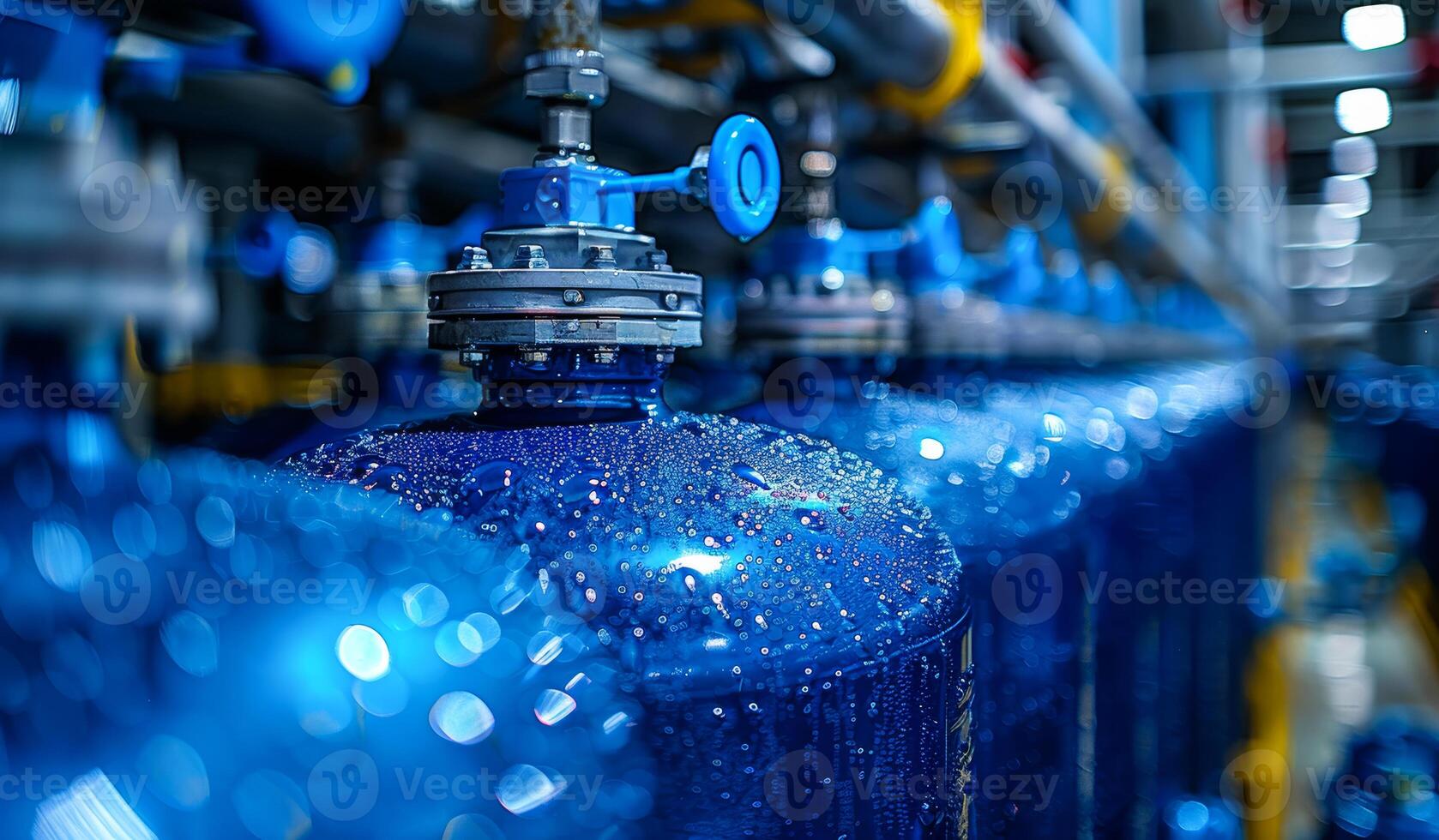 A blue container with a blue lid is shown in a factory setting. Concept of industrial production and the importance of the blue containers in the process photo