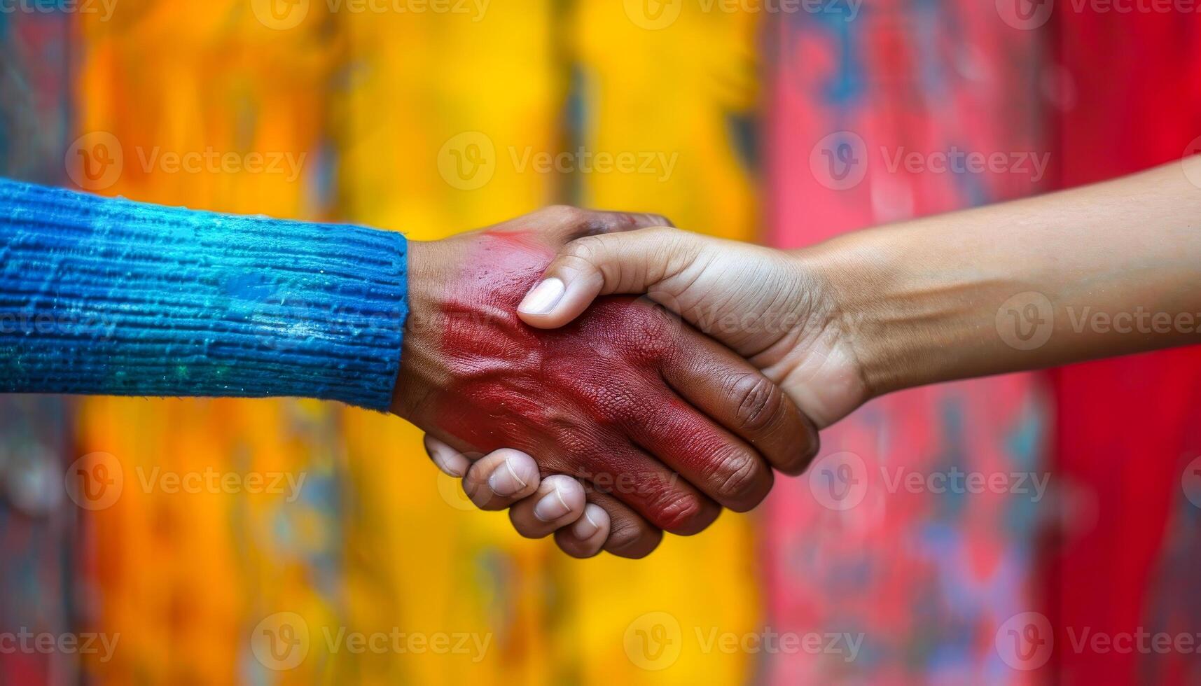Two hands shaking in a handshake. The background is a colorful mural. The handshake is a symbol of peace and unity photo