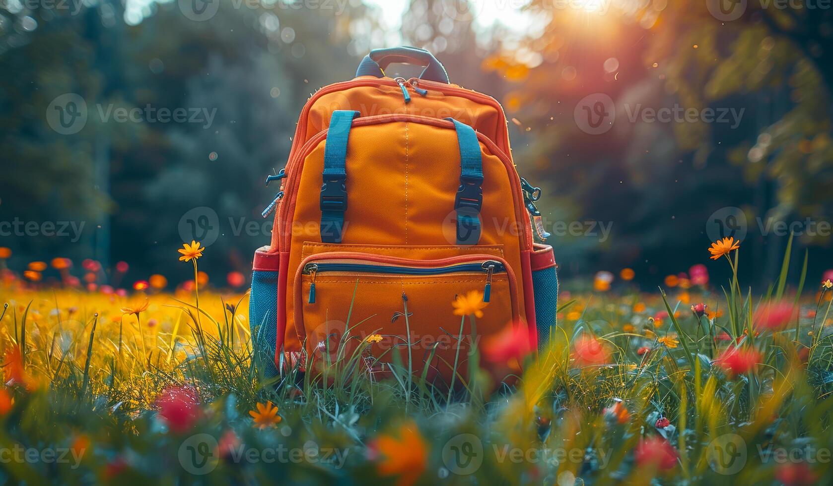 A bright orange backpack sits in a field of flowers. The backpack is the main focus of the image, and the flowers surrounding it create a peaceful and serene atmosphere photo