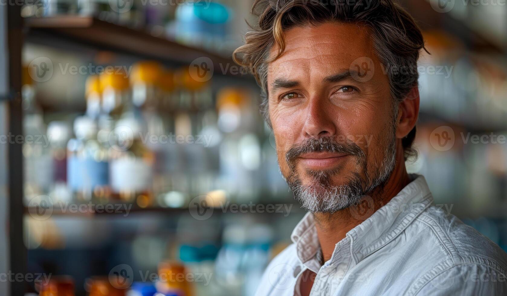 A man with a beard and glasses stands in front of a shelf of liquor bottles. He is smiling and looking at the camera photo