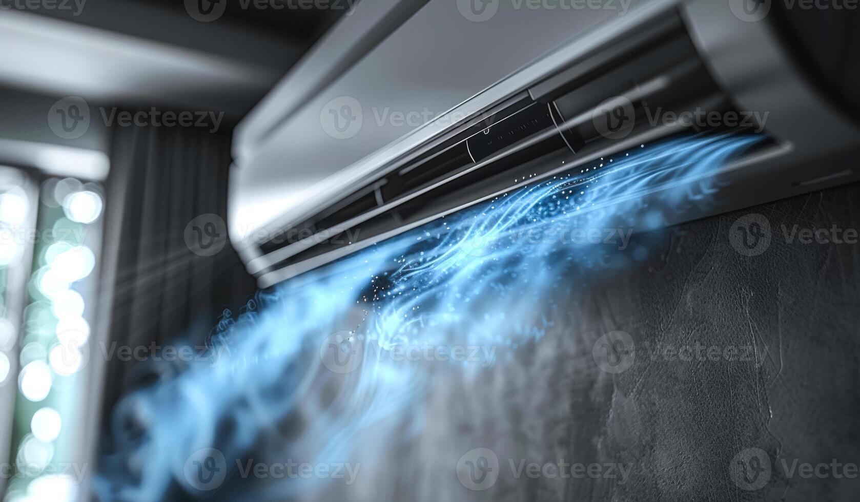 A blue and white air conditioner is blowing out steam. The steam is coming out of the vents and is visible in the air photo