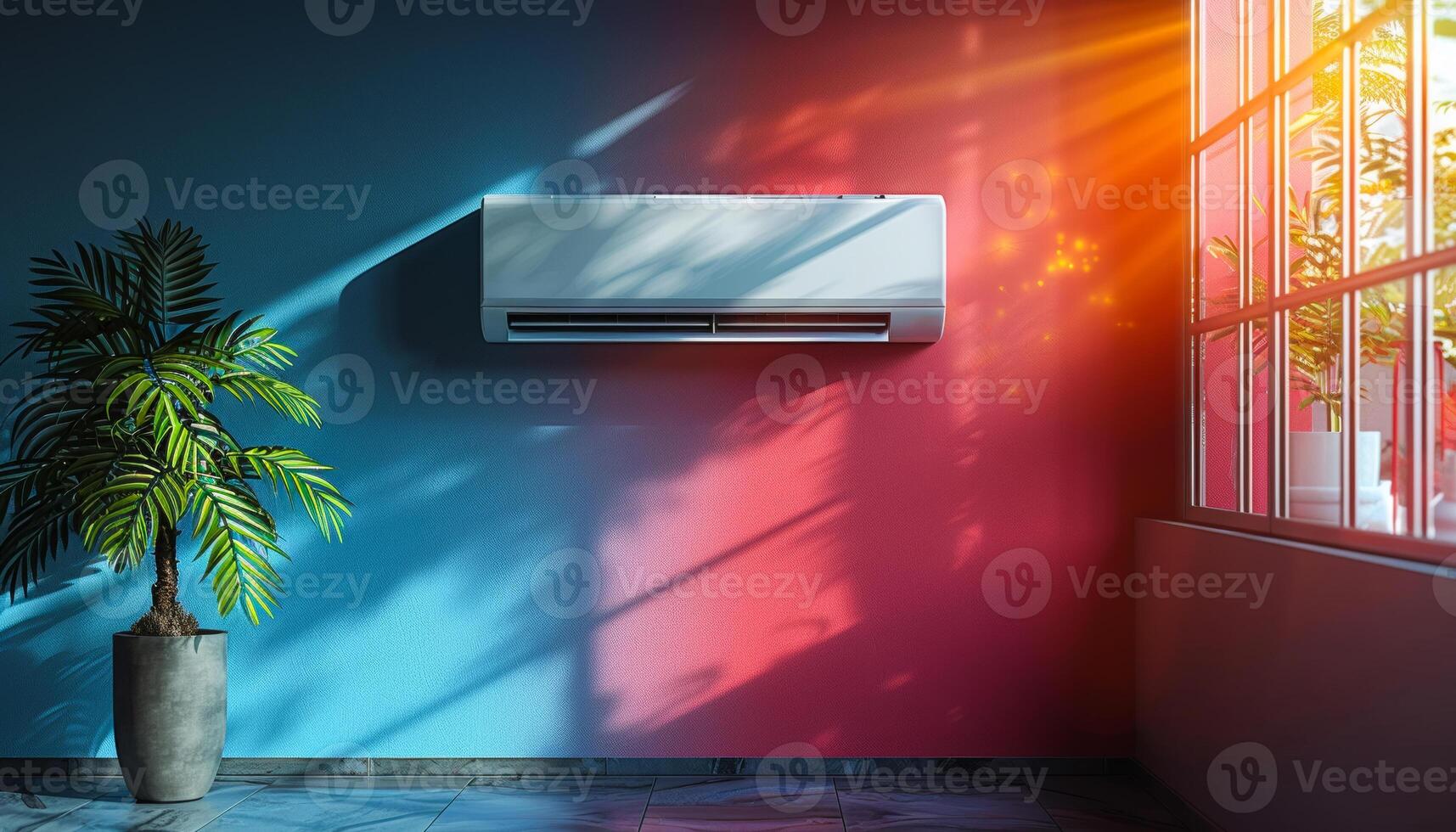 A white air conditioner is mounted on the wall in a room with a red and blue wall. The room has a bright and sunny atmosphere, with a potted plant in the corner photo