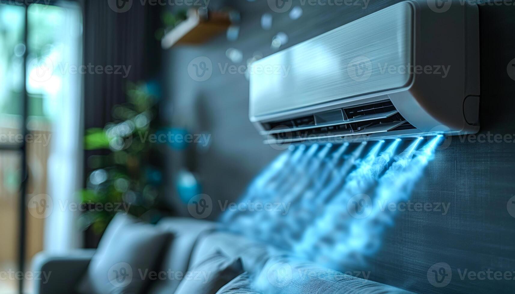 A white air conditioner is blowing out blue mist. The mist is coming out of the air conditioner and is creating a cool and refreshing atmosphere in the room photo