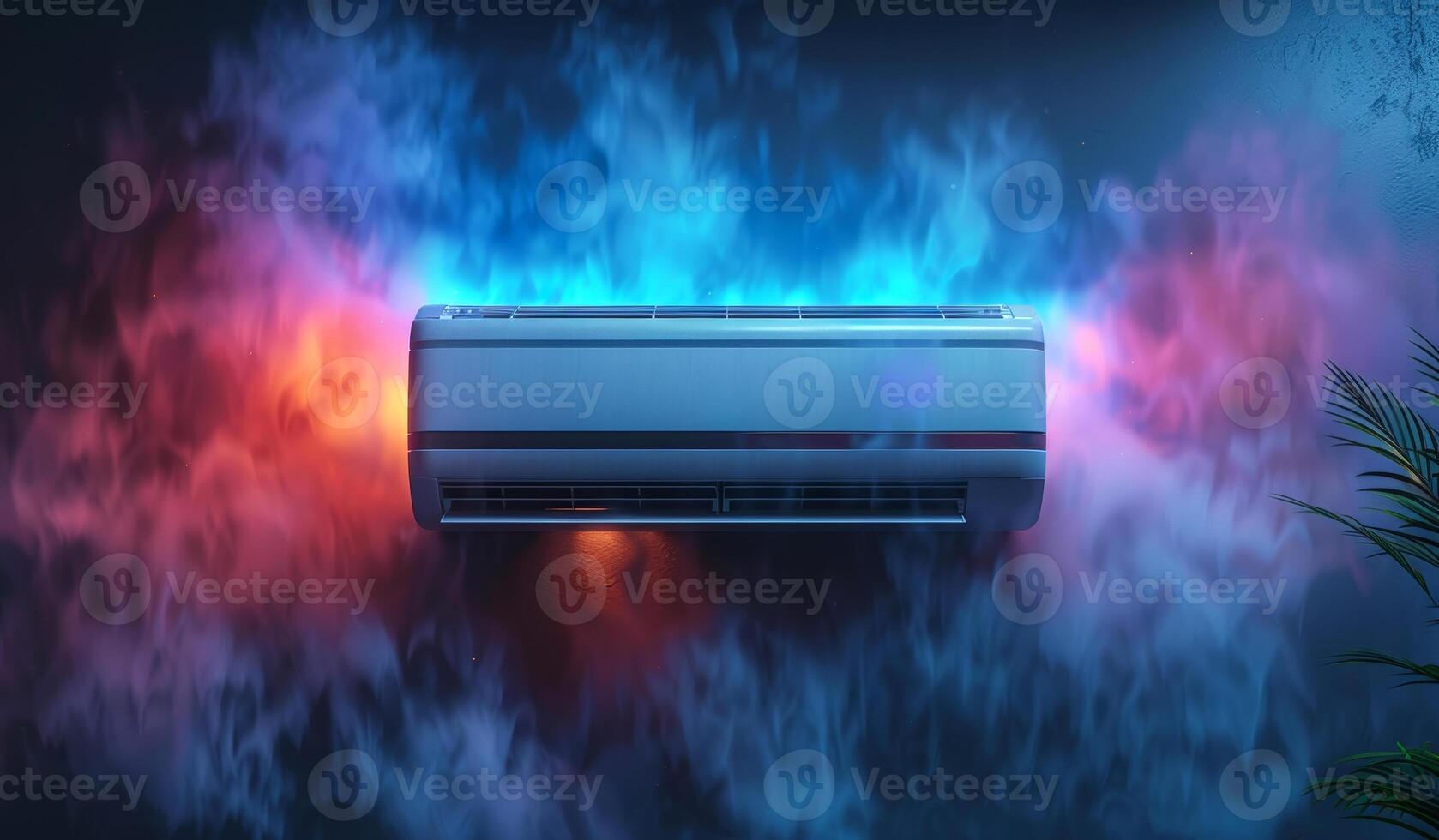 A blue and red air conditioner is lit up with a blue flame. The image has a mood of warmth and comfort photo