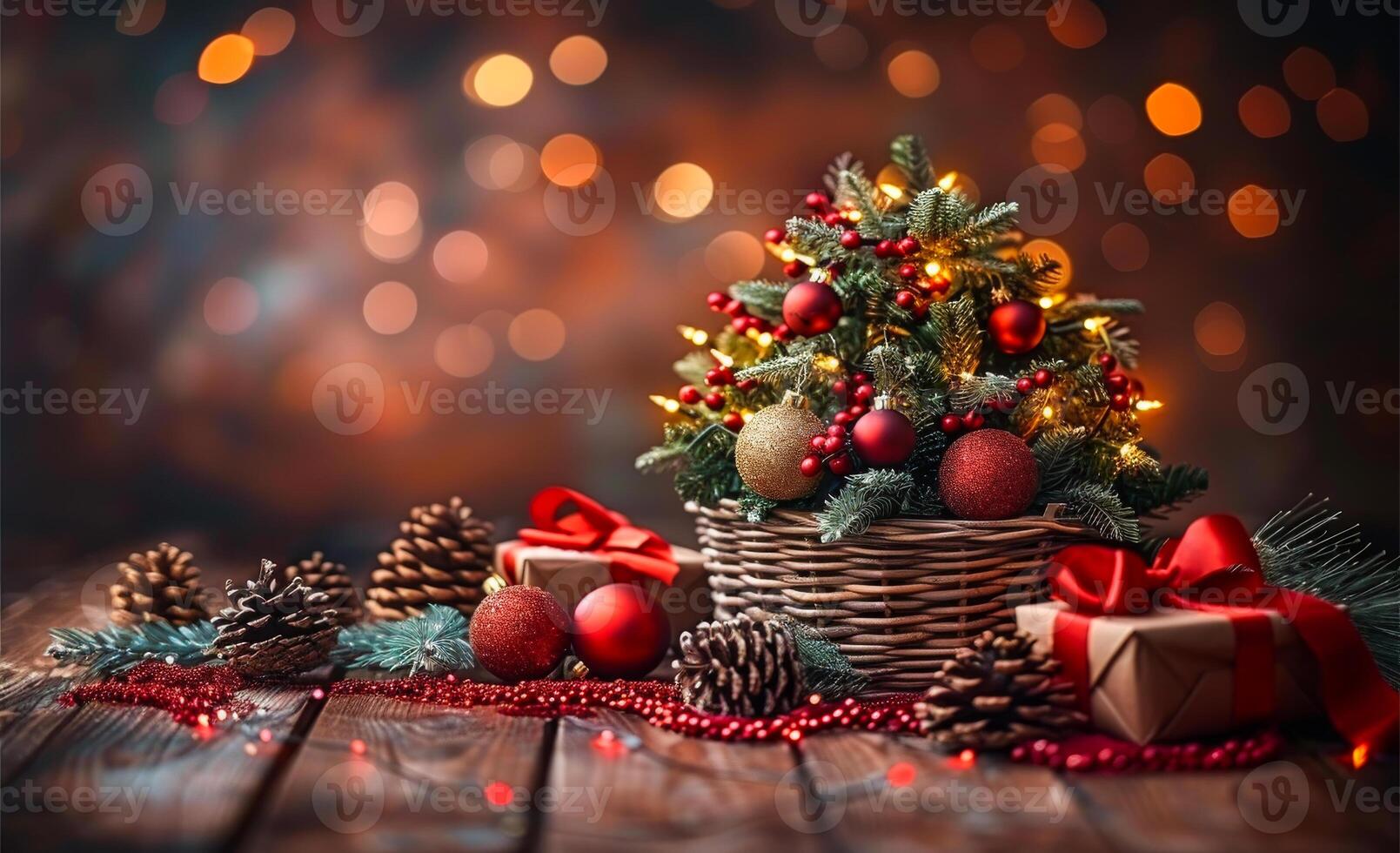 A Christmas tree with red ornaments sits on a wooden table. The tree is surrounded by pine cones and presents. The scene conveys a festive and joyful mood, as it is a typical Christmas setting photo