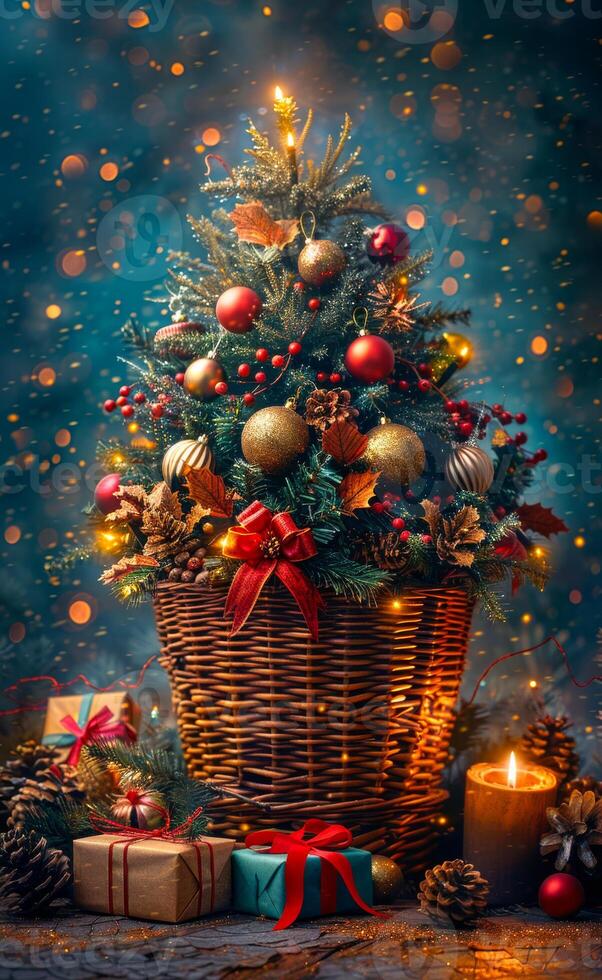 A Christmas tree with many ornaments is in a basket. The basket is on a table with a few presents and candles photo