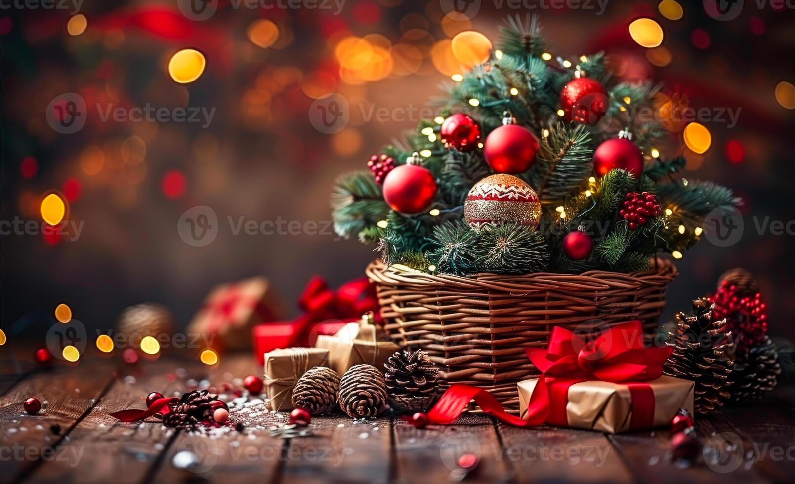 A basket of red and gold ornaments sits on a wooden table. The scene is festive and joyful photo